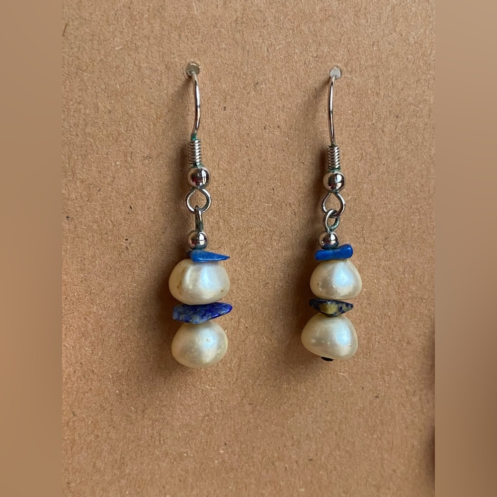 Premier Designs Faux Pearl and Lapis Drop Earrings